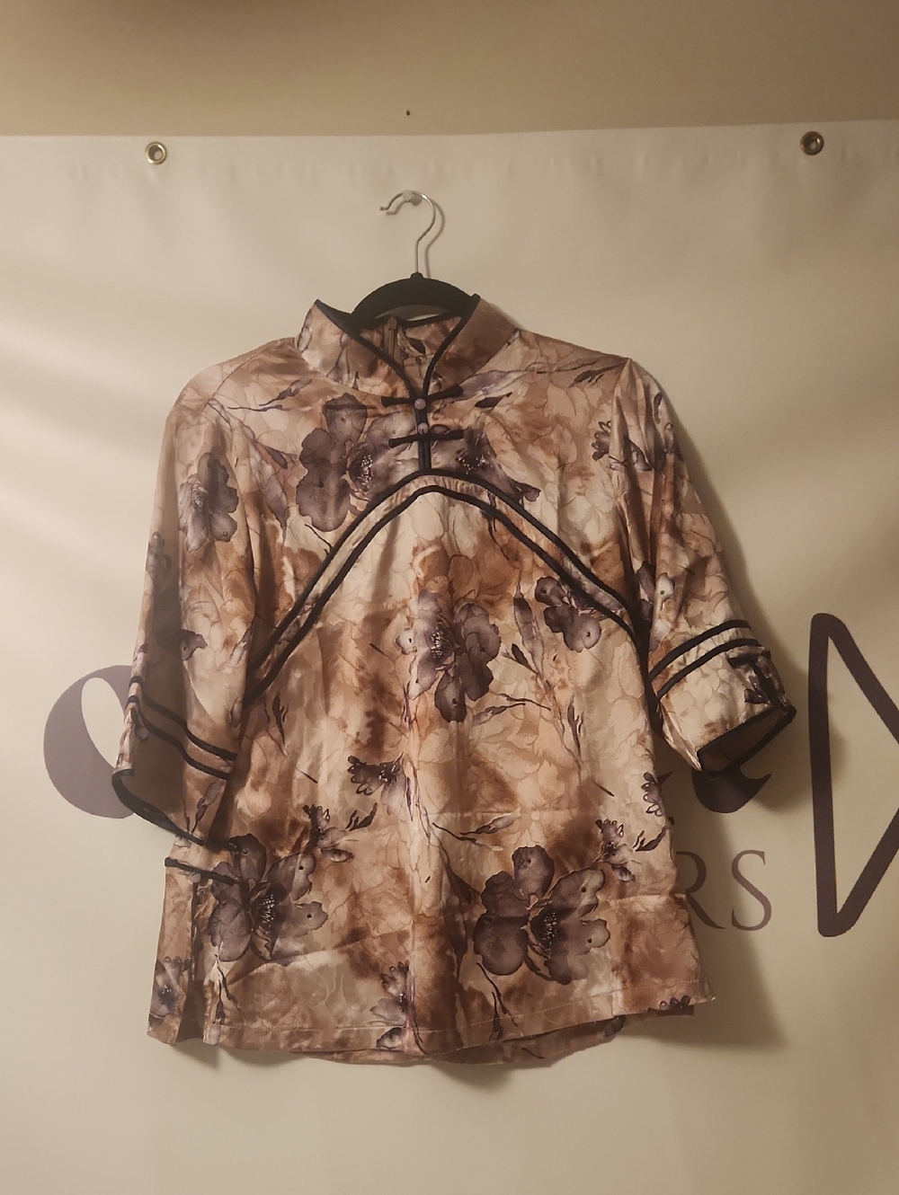 cameo Floral Satin Mandarin Collar Blouse in Beige and Taupe